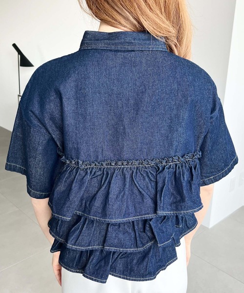 セール】半袖ティアードフリルデニムシャツ（シャツ/ブラウス