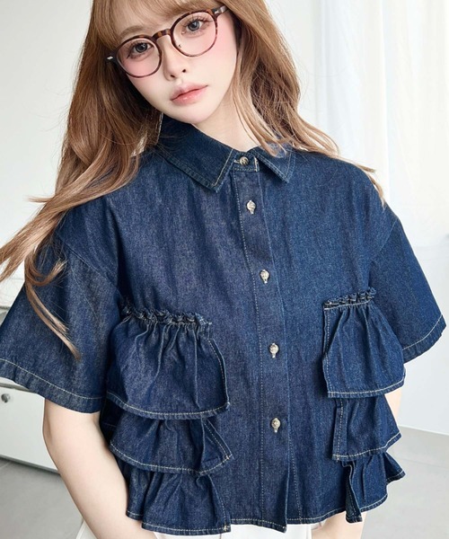 セール】半袖ティアードフリルデニムシャツ（シャツ/ブラウス