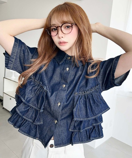 セール】半袖ティアードフリルデニムシャツ（シャツ/ブラウス