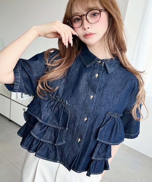 セール】半袖ティアードフリルデニムシャツ（シャツ/ブラウス