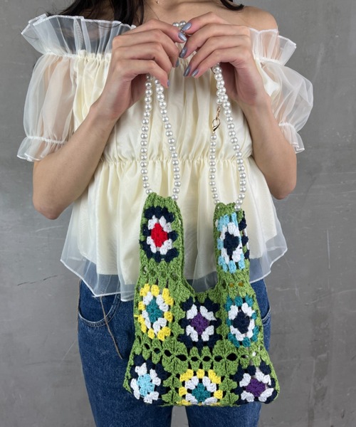 Loco Ocean（ロコオーシャン）の「【クロシェ編み】パールストラップ カラフル / 3way ハンドバッグ（ハンドバッグ・レディース・ブラック/ホワイト/グリーン・ONE SIZE）」の22枚目の写真