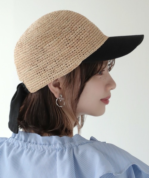 ラフィアキャップ 天然素材 麦わら帽子 ラフィア バックリボン