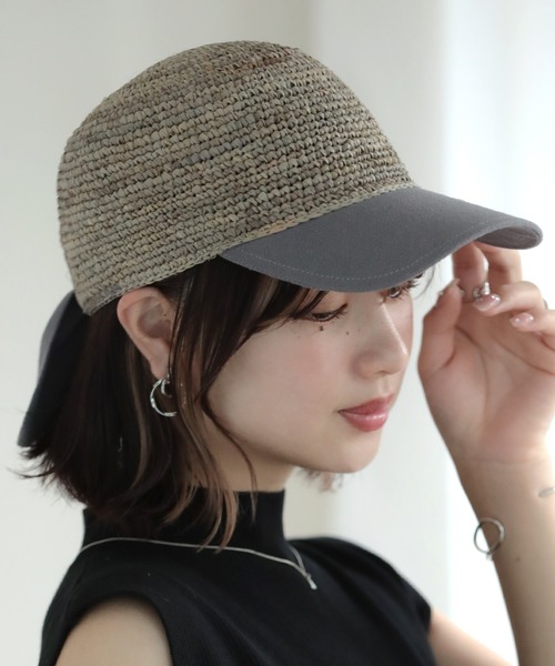ラフィアキャップ 天然素材 麦わら帽子 ラフィア バックリボン