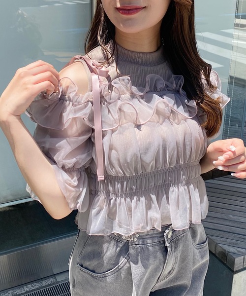 NOMAE（ノーマエ）の「カットアウトオフショルイヤードトップス　シアートップス（Tシャツ/カットソー・レディース・ピンク/アイボリー/ブラック/グレー・FREE）」の3枚目の写真