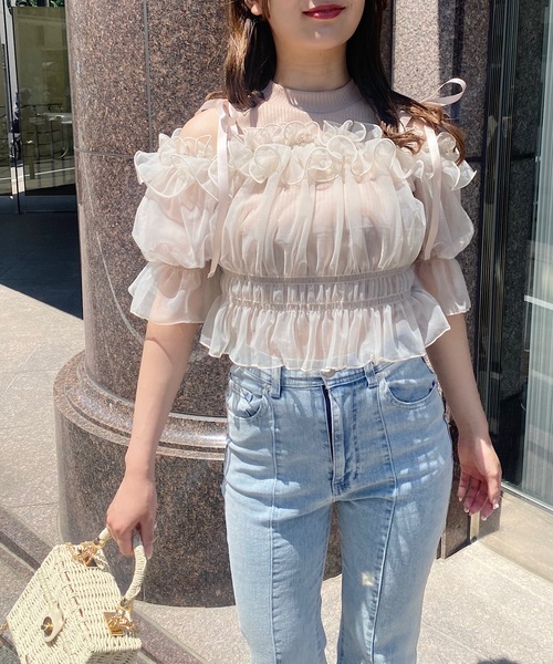 NOMAE（ノーマエ）の「カットアウトオフショルイヤードトップス　シアートップス（Tシャツ/カットソー・レディース・ピンク/アイボリー/ブラック/グレー・FREE）」の4枚目の写真