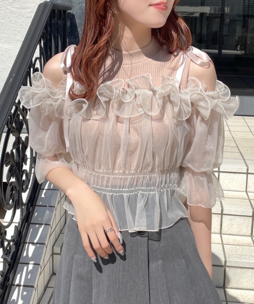 NOMAE（ノーマエ）の「カットアウトオフショルイヤードトップス　シアートップス（Tシャツ/カットソー・レディース・ピンク/アイボリー/ブラック/グレー・FREE）」の6枚目の写真