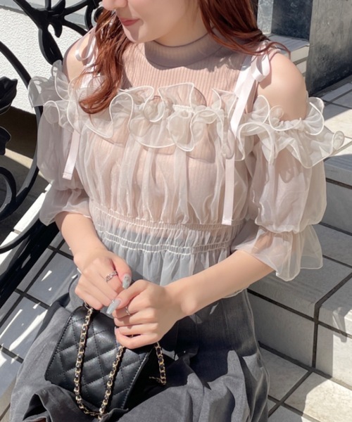 NOMAE（ノーマエ）の「カットアウトオフショルイヤードトップス　シアートップス（Tシャツ/カットソー・レディース・ピンク/アイボリー/ブラック/グレー・FREE）」の7枚目の写真