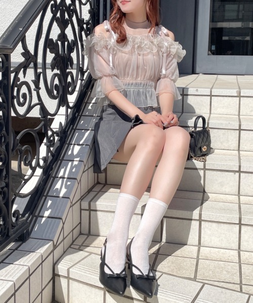 NOMAE（ノーマエ）の「カットアウトオフショルイヤードトップス　シアートップス（Tシャツ/カットソー・レディース・ピンク/アイボリー/ブラック/グレー・FREE）」の9枚目の写真