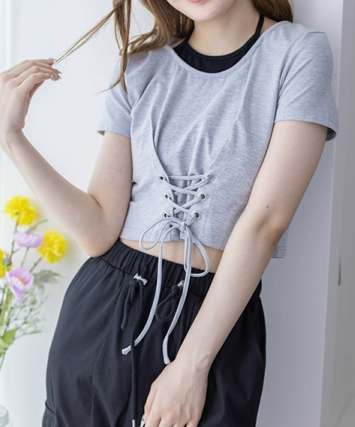 clear（クリア）の「配色フェイクキャミドッキングカットソートップス［大人 カジュアル］≪再入荷≫（Tシャツ/カットソー・レディース・グレー/オフホワイト/ブラック・F）」の3枚目の写真