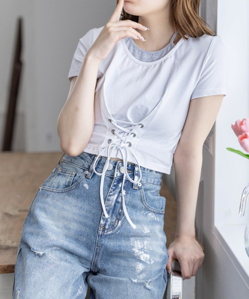 clear（クリア）の「配色フェイクキャミドッキングカットソートップス［大人 カジュアル］≪再入荷≫（Tシャツ/カットソー・レディース・グレー/オフホワイト/ブラック・F）」の2枚目の写真