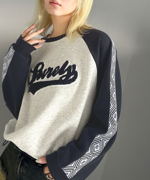 mily bilet（ミウィビレット）の「【mily bilet】ジャガードテープ使いで大人カジュアル。サガラ刺繍ドロスト付き裏起毛ラグランスウェット（スウェット・メンズ・オートミール/アイボリー/杢グレー・LARGE/MEDIUM/SMALL/X-LARGE）」の2枚目の写真