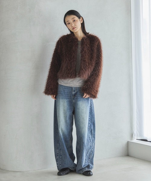 【TED BAKER】ハーフコート Pコート　フェイクファー　ベルト　ネイビー TED BAKER】ハーフコート Pコート フェイクファー ベルト