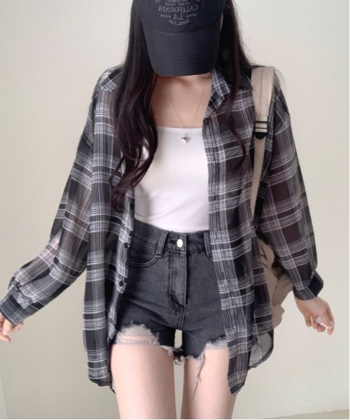 gossip！ロサンゼルス（ゴシップロサンゼルス）の「Y2K オーバーサイズ チェック柄 シャツ（シャツ/ブラウス・レディース・オフホワイト/ネイビー・FREE）」の5枚目の写真