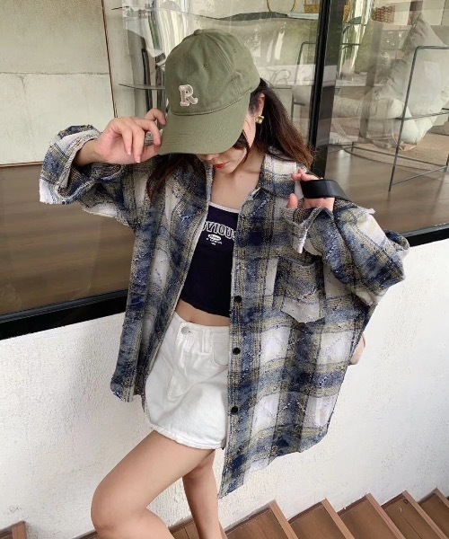 aquagarage シャツ ブラウス 春 秋 チェック 英国柄 バインダー