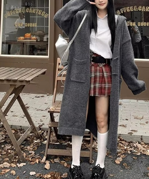 aimoha(アイモハ)の「フード付きニットロングカーディガン(カーディガン/ボレロ・レディース・グレー/チョコ/ホワイト・FREE)」の1枚目の写真