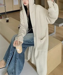 フード付きニットロングカーディガン