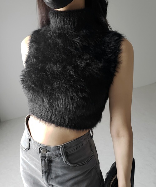 セール】【 3color 】タートルネックショートシャギーノースリ