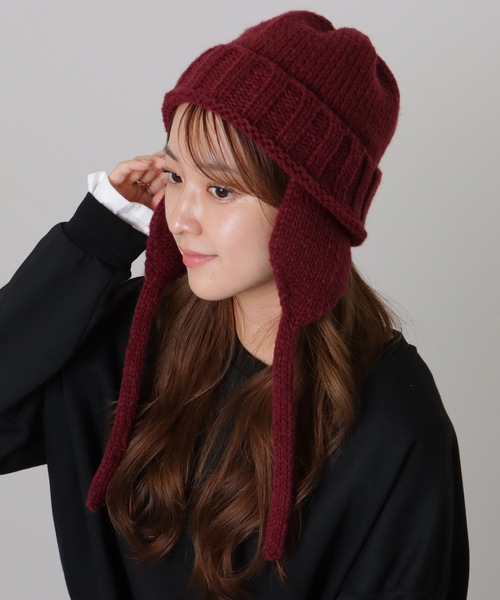 Lace Ladies(レースレディース)の「ソリッドカラー 耳あて付き フライト ニット キャップ(ニットキャップ/ビーニー・レディース・グリーン/レッド/ブラック/アイボリー・FREE)」の16枚目の写真
