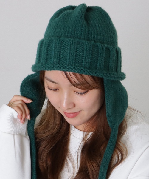 Lace Ladies(レースレディース)の「ソリッドカラー 耳あて付き フライト ニット キャップ(ニットキャップ/ビーニー・レディース・グリーン/レッド/ブラック/アイボリー・FREE)」の11枚目の写真