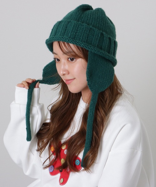 Lace Ladies(レースレディース)の「ソリッドカラー 耳あて付き フライト ニット キャップ(ニットキャップ/ビーニー・レディース・グリーン/レッド/ブラック/アイボリー・FREE)」の12枚目の写真