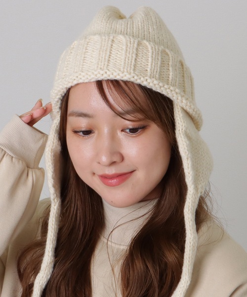 Lace Ladies(レースレディース)の「ソリッドカラー 耳あて付き フライト ニット キャップ(ニットキャップ/ビーニー・レディース・グリーン/レッド/ブラック/アイボリー・FREE)」の20枚目の写真