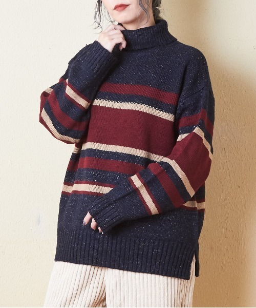 【セール】バルキーボーダーオフタートルプルオーバーニット（ニット/セーター）｜CUBE SUGAR（キューブシュガー）