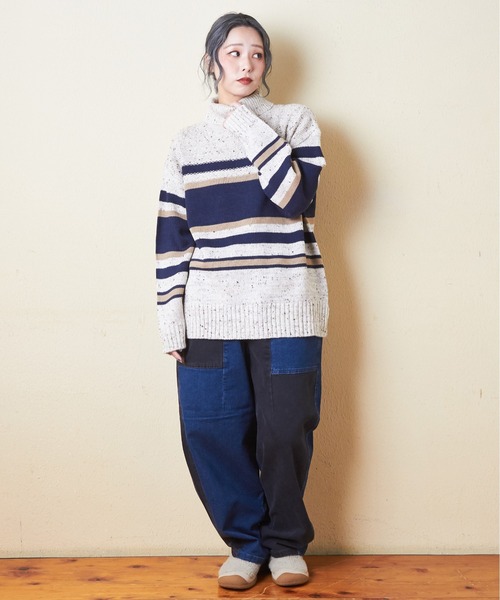 【セール】バルキーボーダーオフタートルプルオーバーニット（ニット/セーター）｜CUBE SUGAR（キューブシュガー）