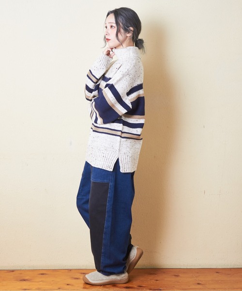 【セール】バルキーボーダーオフタートルプルオーバーニット（ニット/セーター）｜CUBE SUGAR（キューブシュガー）