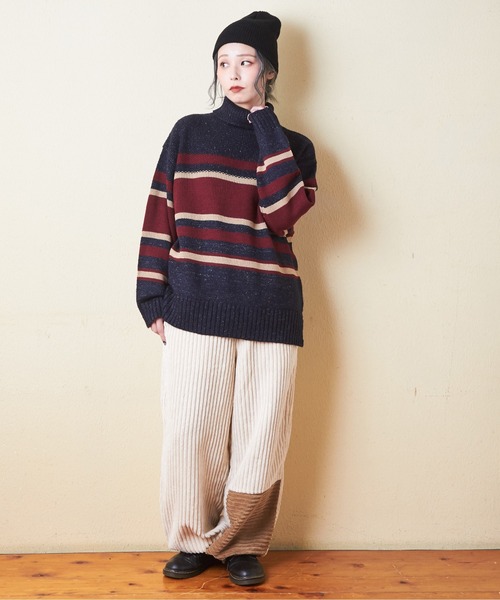 【セール】バルキーボーダーオフタートルプルオーバーニット（ニット/セーター）｜CUBE SUGAR（キューブシュガー）