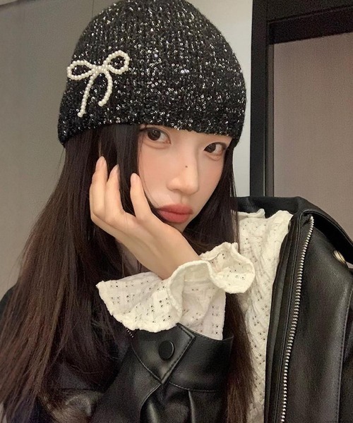pur chouchou/ラメ リボン ニット帽 P4375（ニットキャップ/ビーニー