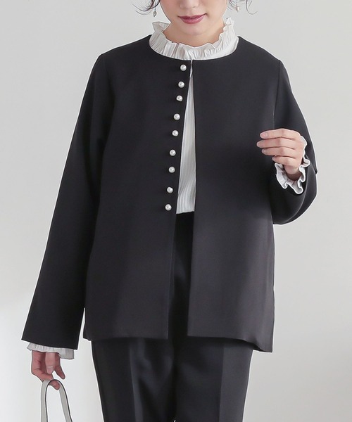セール】『フェイクパール付きノーカラージャケットセットアップ