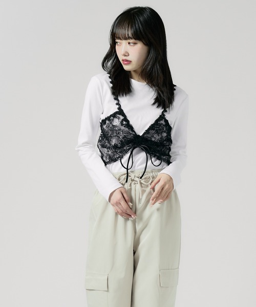 Chick（チック）の「Sheer top with lace / レース付きシアートップス 秋物 秋服 2026年秋冬（Tシャツ/カットソー・レディース・グレー/ブラック/ホワイト・FREE）」の2枚目の写真