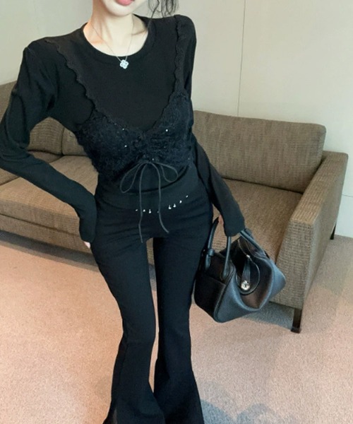 Chick（チック）の「Sheer top with lace / レース付きシアートップス 秋物 秋服 2026年秋冬（Tシャツ/カットソー・レディース・グレー/ブラック/ホワイト・FREE）」の3枚目の写真