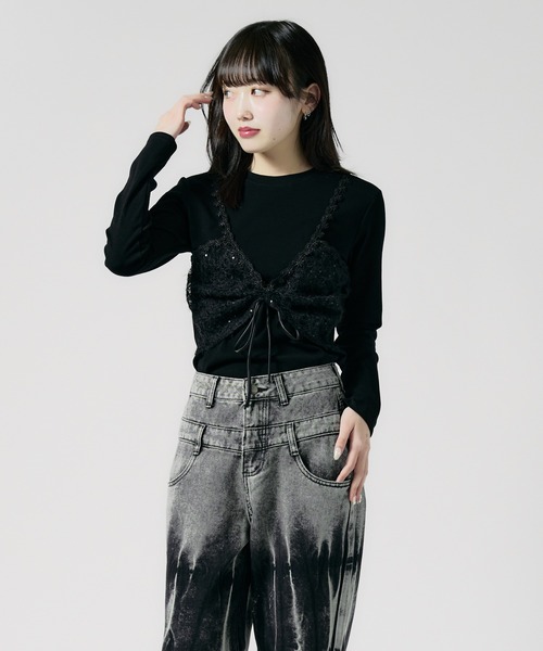 Chick（チック）の「Sheer top with lace / レース付きシアートップス 秋物 秋服 2026年秋冬（Tシャツ/カットソー・レディース・グレー/ブラック/ホワイト・FREE）」の16枚目の写真
