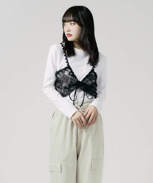 Chick（チック）の「Sheer top with lace / レース付きシアートップス 秋物 秋服 2026年秋冬（Tシャツ/カットソー・レディース・グレー/ブラック/ホワイト・FREE）」の11枚目の写真
