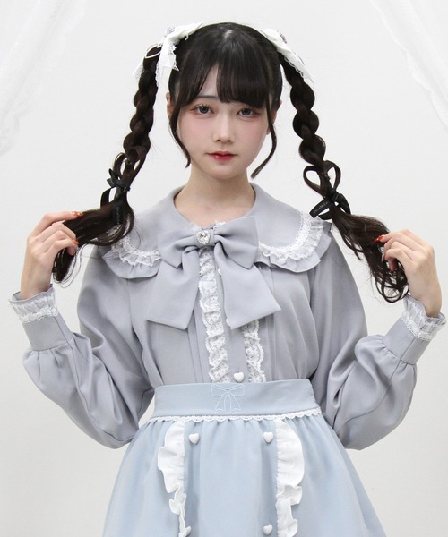 DearMyLove(ディアマイラブ)の「はしごレースフリルリボンブラウス(シャツ/ブラウス・レディース・ブラック×ホワイト/ホワイト×ブルー/ベビーピンク/ホワイト×ピンク・LARGE/MEDIUM/3L/LL)」の1枚目の写真