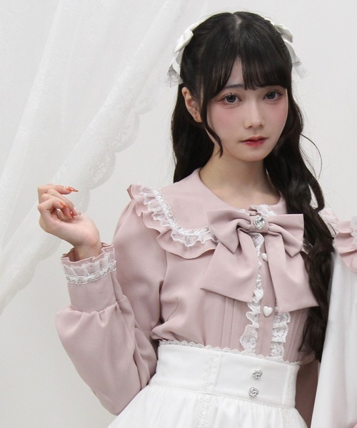 DearMyLove(ディアマイラブ)の「はしごレースフリルリボンブラウス(シャツ/ブラウス・レディース・ブラック×ホワイト/ホワイト×ブルー/ベビーピンク/ホワイト×ピンク・LARGE/MEDIUM/3L/LL)」の4枚目の写真