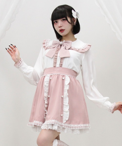 DearMyLove(ディアマイラブ)の「はしごレースフリルリボンブラウス(シャツ/ブラウス・レディース・ブラック×ホワイト/ホワイト×ブルー/ベビーピンク/ホワイト×ピンク・LARGE/MEDIUM/3L/LL)」の2枚目の写真