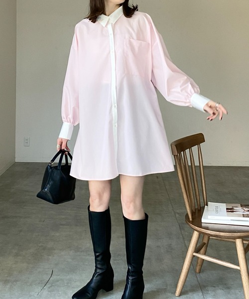 She's Closet(シーズクローゼット)の「長袖ボリュームスリーブ襟付き膝丈フレアチュニックミニシャツワンピース(シャツワンピース・レディース・ストライプ/ホワイト/ピンク/ブラック/ブルー・FREE)」の4枚目の写真