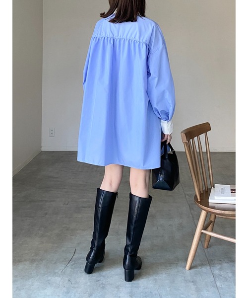 She's Closet(シーズクローゼット)の「長袖ボリュームスリーブ襟付き膝丈フレアチュニックミニシャツワンピース(シャツワンピース・レディース・ストライプ/ホワイト/ピンク/ブラック/ブルー・FREE)」の12枚目の写真