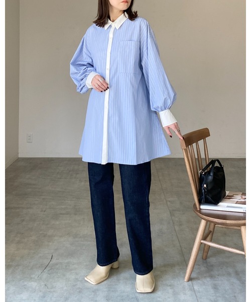She's Closet(シーズクローゼット)の「長袖ボリュームスリーブ襟付き膝丈フレアチュニックミニシャツワンピース(シャツワンピース・レディース・ストライプ/ホワイト/ピンク/ブラック/ブルー・FREE)」の13枚目の写真