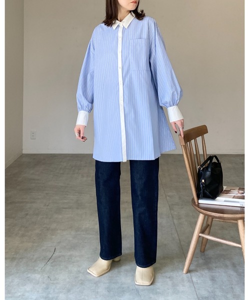 She's Closet(シーズクローゼット)の「長袖ボリュームスリーブ襟付き膝丈フレアチュニックミニシャツワンピース(シャツワンピース・レディース・ストライプ/ホワイト/ピンク/ブラック/ブルー・FREE)」の14枚目の写真