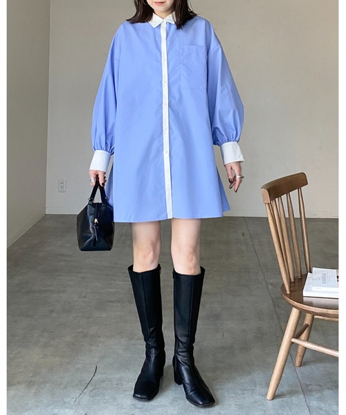 She's Closet(シーズクローゼット)の「長袖ボリュームスリーブ襟付き膝丈フレアチュニックミニシャツワンピース(シャツワンピース・レディース・ストライプ/ホワイト/ピンク/ブラック/ブルー・FREE)」の10枚目の写真