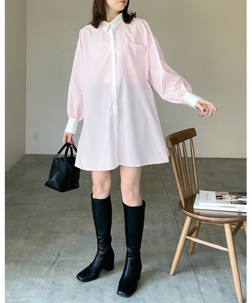 専用購入不可♡vous meme♡ フリル　ロングシャツ　ワンピース　チュニック セール】長袖ボリュームスリーブ襟付き膝丈フレアチュニックミニシャツ