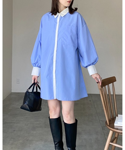 She's Closet(シーズクローゼット)の「長袖ボリュームスリーブ襟付き膝丈フレアチュニックミニシャツワンピース(シャツワンピース・レディース・ストライプ/ホワイト/ピンク/ブラック/ブルー・FREE)」の7枚目の写真