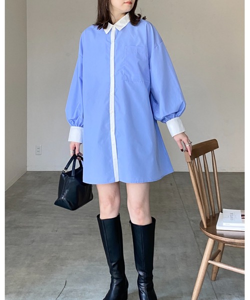 She's Closet(シーズクローゼット)の「長袖ボリュームスリーブ襟付き膝丈フレアチュニックミニシャツワンピース(シャツワンピース・レディース・ストライプ/ホワイト/ピンク/ブラック/ブルー・FREE)」の8枚目の写真