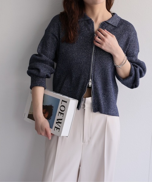 セール】ラメリブニットポロ襟ZIPカーディガン / ポロニット