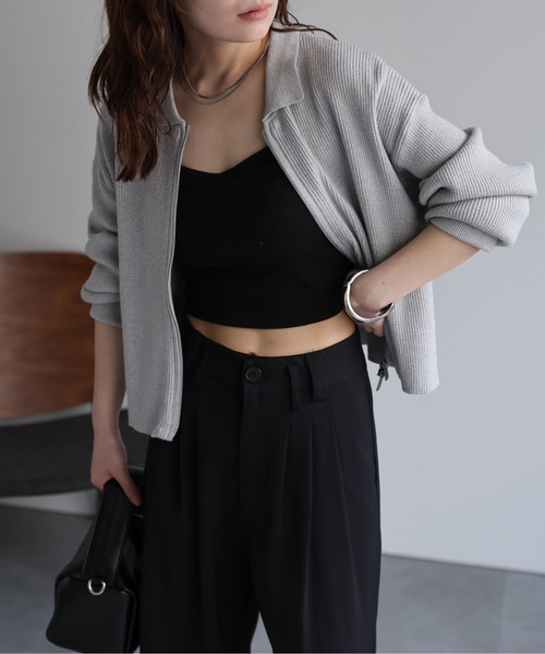 セール】ラメリブニットポロ襟ZIPカーディガン / ポロニット