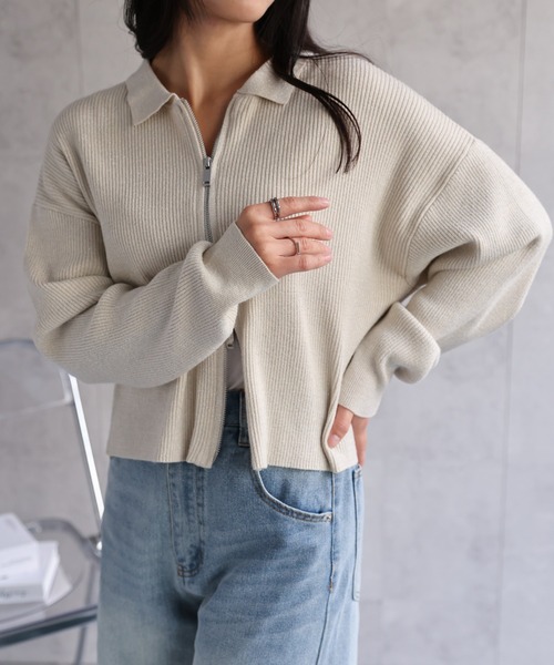 ap retro(アプレトロ)の「ラメリブニットポロ襟ZIPカーディガン / ポロニット(カーディガン/ボレロ・レディース・アイボリー/ネイビー/ブルー/グレー・FREE)」の17枚目の写真