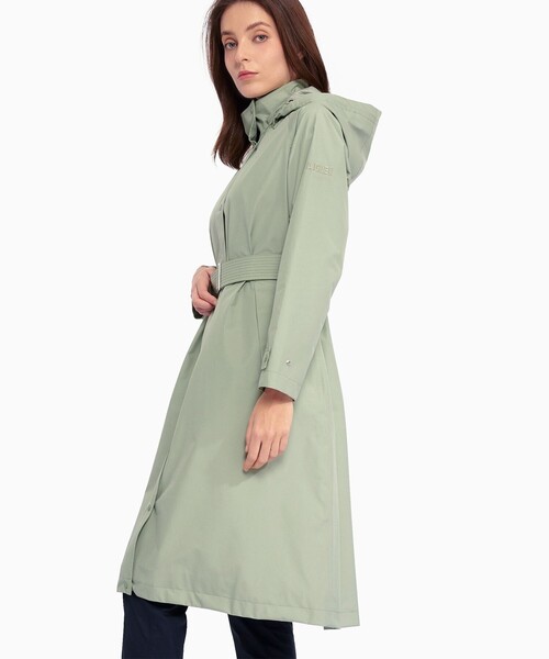 AIGLE（エーグル）の「防風 撥水 透湿 GORE-TEX ゴアテックス 2レイヤー フーデッド ベルベッドロングトレンチコート /フード取り外し可（トレンチコート・レディース・ライトグリーン/ベージュ・L/M/S/XS）」の5枚目の写真